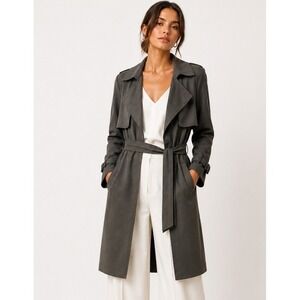 Love for Humanity Couture Belted Trench Coat Women L Gray‎ Faux Suede Open Front